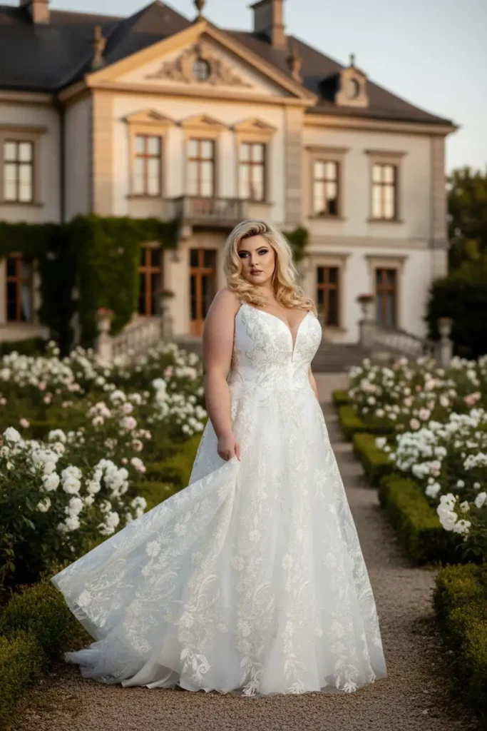 Kobieta w białej sukni ślubnej plus size stojąca na ogrodowej alejce