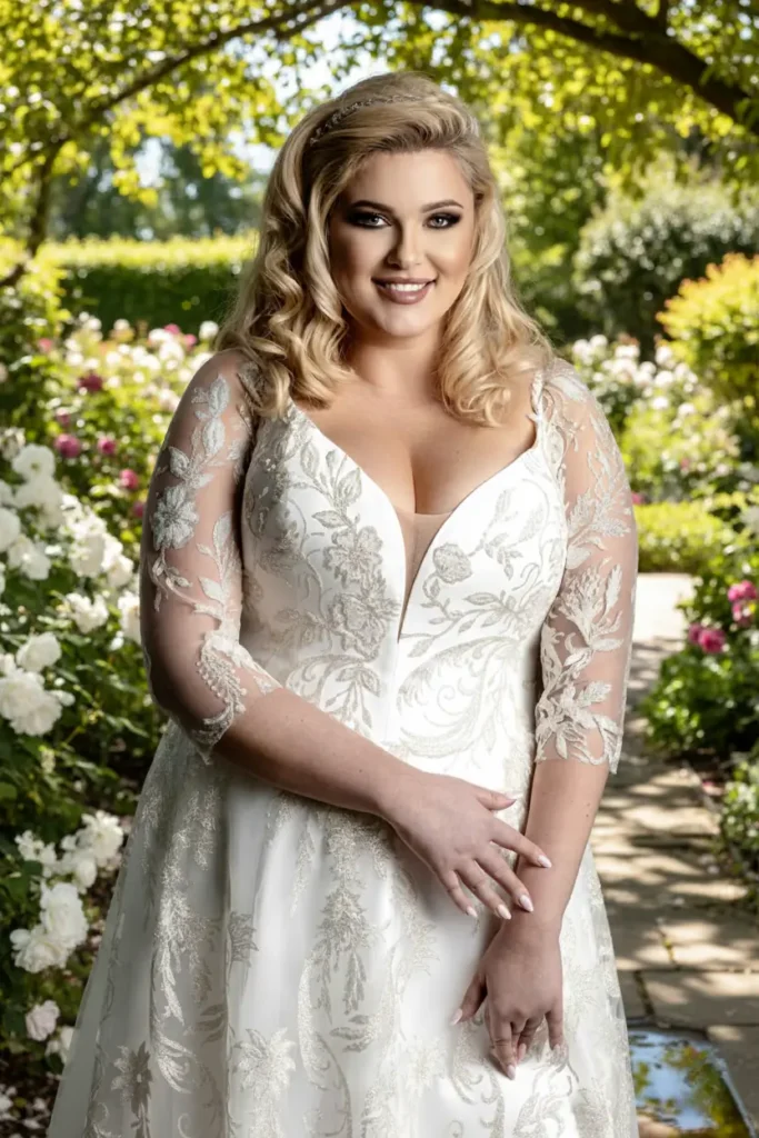 Zbliżenie na górę sukni ślubnej plus size z koronkowymi rękawami