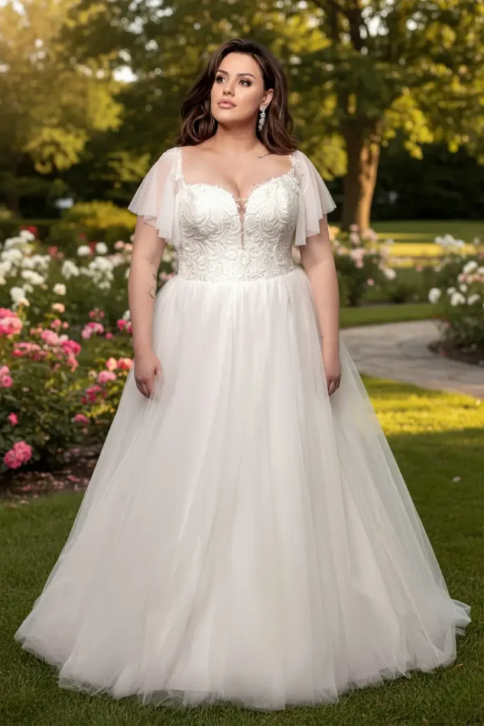 Kobieta w białej sukni ślubnej plus size z gładkim dołem w plenerze